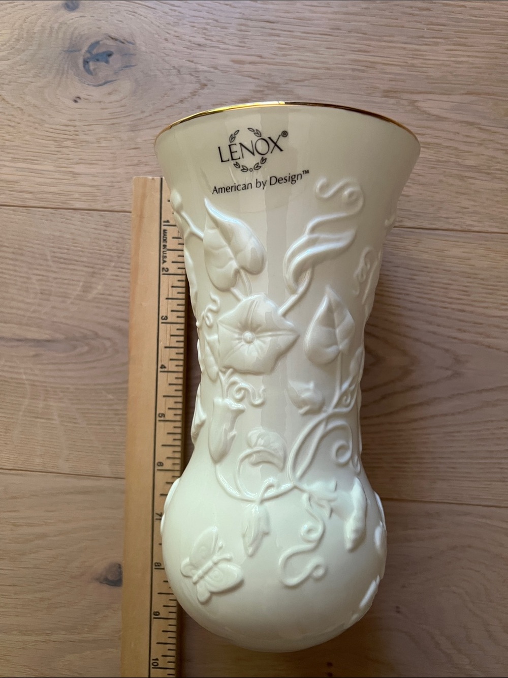 Lenox Ivory Embossed Meadow Morning Glory Floral & Butterfly Porcelain Vase